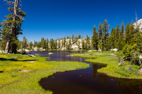 A winding stream flows into Jewelry Lake, Emigrant Wilderness, CA.